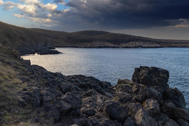 Bulgarian landscape with the Black Sea and stones at sunset