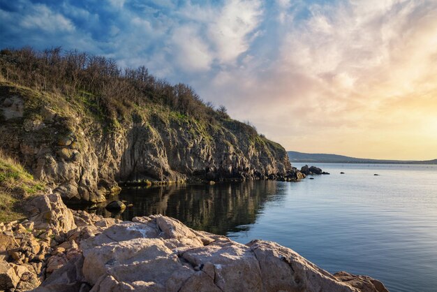 Bulgarian landscape with the Black Sea and stones at sunset