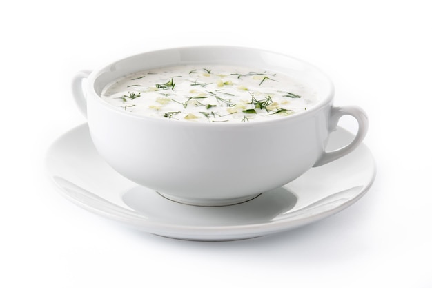 Bulgarian tarator sour milk soup in bowl isolated on white background