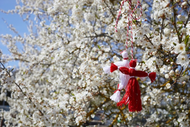 Bulgarian traditional spring decor martenitsa on the blossom tree baba marta holiday