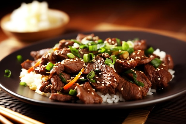 Bulgogi a plate of beef and rice with green onions on top