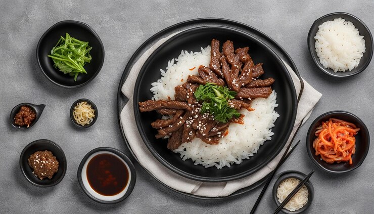 Photo 黒い背景の米とブルゴギ 韓国料理 フラットレイ
