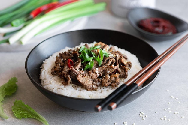 Bulgogi with rice traditional korean beef dish asian food selective focus