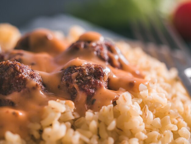 Bulgur and meatball in plate