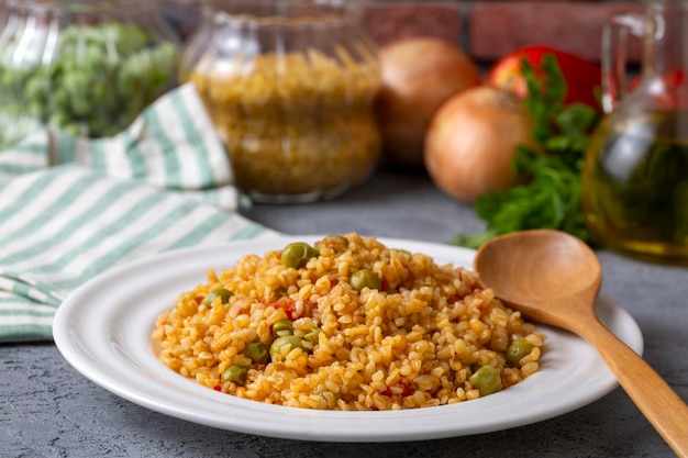 Bulgur pilaf with peas Turkish name Bezelyeli bulgur pilavi