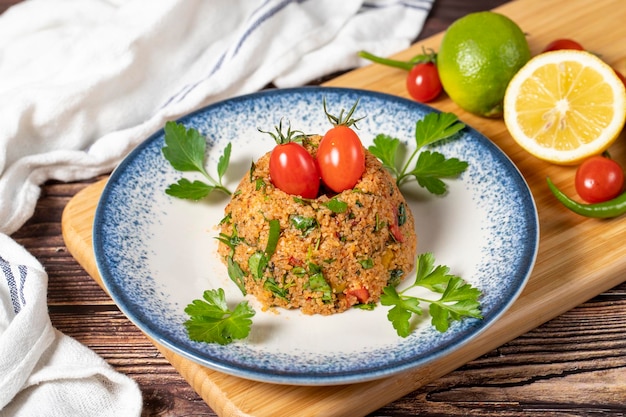 Photo bulgur pilaf with vegetables turkish cuisine delicacies fine bulgur tomato paste olive oil salt pepper lemon juice pomegranate syrup spring onion and parsley bulgur salad local name kisir