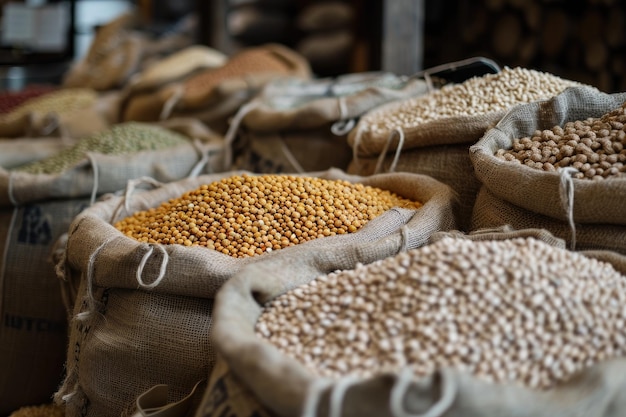 Photo bulk bags of legumes in natural food store zero waste store