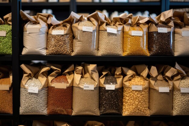 Photo bulk bags of legumes in natural food store zero waste store