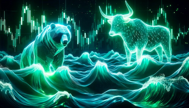Photo bull and bear on abstract background with forex chart generative ai