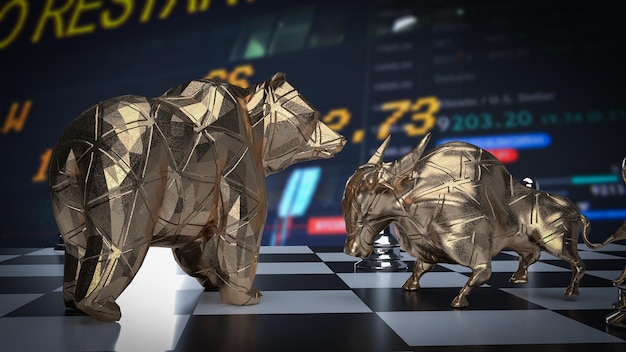 The bull and bear on chess board for business concept 3d rendering