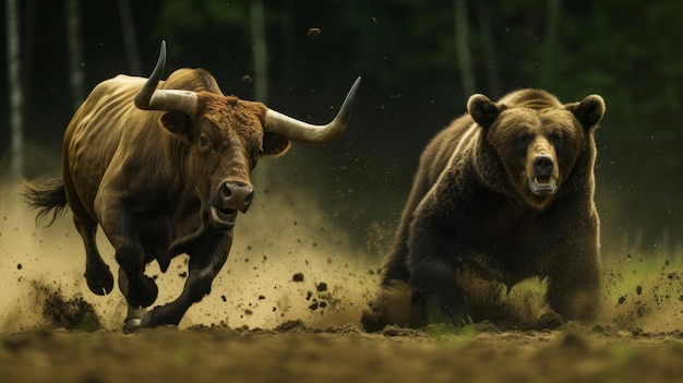 A bull and bear fighting stock market price trends bullish or bearish trading