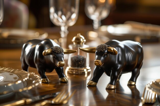 Photo bull and bear salt and pepper shakers on a dining table