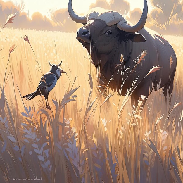 a bull and a bird in a field of tall grass