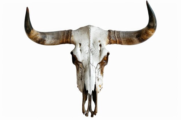 白い背景に隔離された長い角を持つ雄牛の頭蓋骨