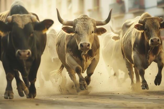 Photo bull bulls are running in street during festival