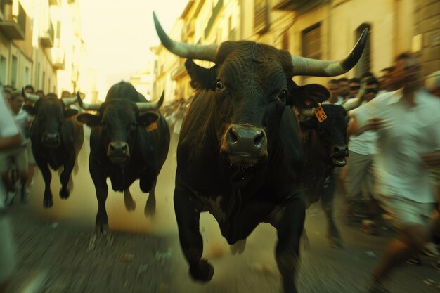 Photo bull bulls are running in street during festival