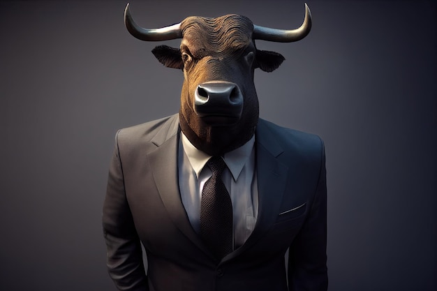 Bull in business office suit portrait Bull market stock market generative ai