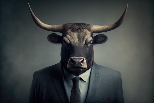 Bull in a business suit Illustration career 8k success avatar portrait professional computer art leader style animals character office corporate nature worker design boss managerAI