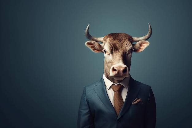 Bull or Cow head in suit and tie on dark blue background Business concept ai