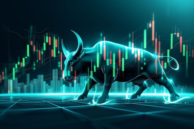 Bull in dark green suit with rising candlestick charts bull market and trading volatility concept
