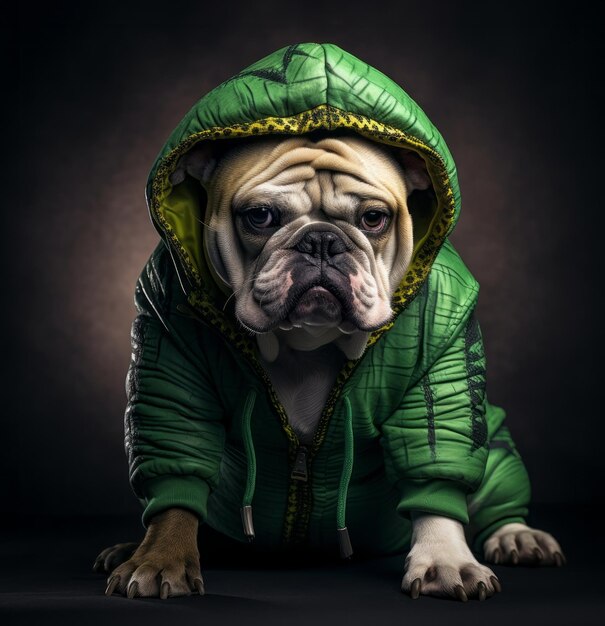 Bull dog in the green hoodie