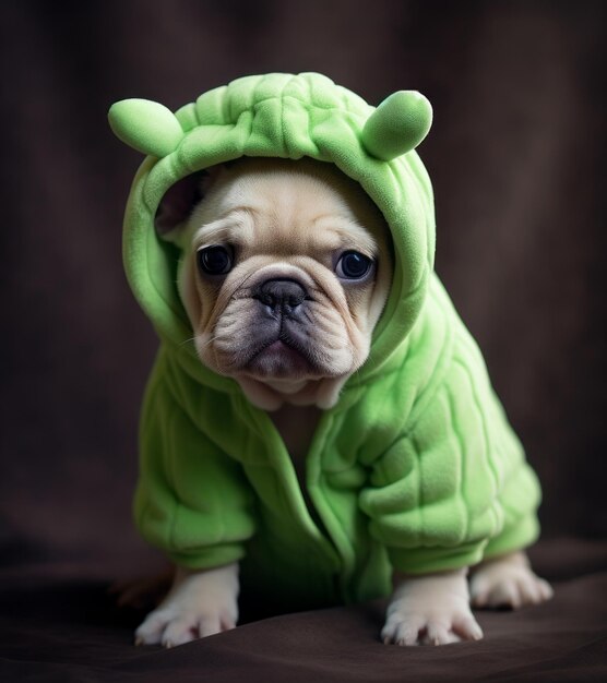 Bull dog puppy in the green hoodie