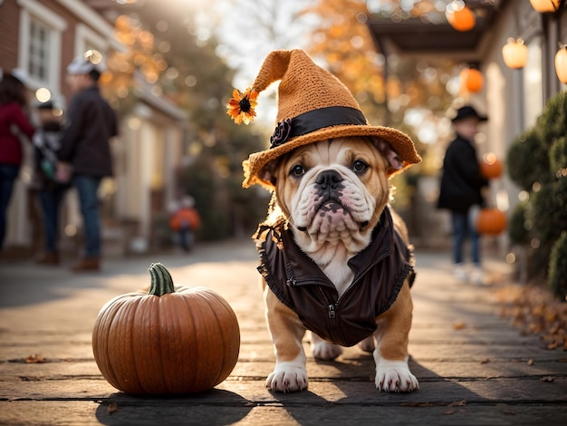 A bull dog wearing a hat celebrating at Halloween