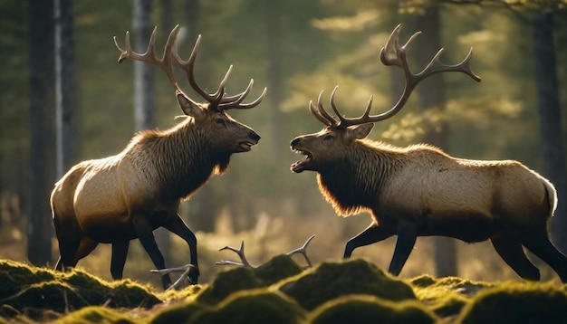 a bull elk with antlers in front of a forest