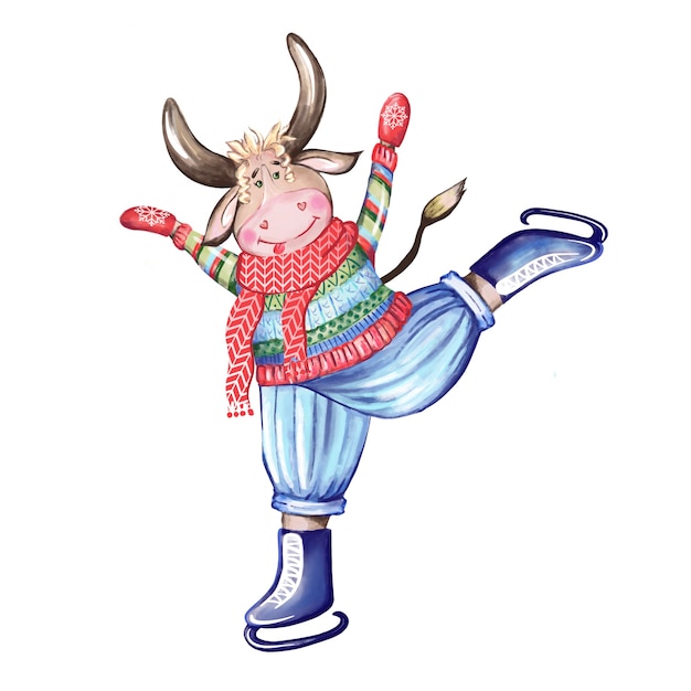 A bull on figure skates is engaged in figure skating. Hand-drawn watercolor illustration 