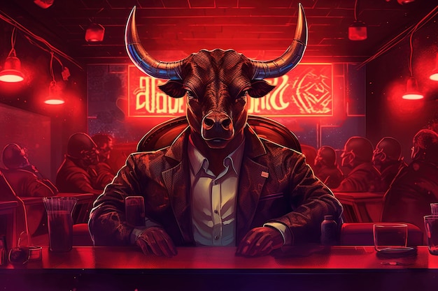 Bull gangster in red neon bar illustration generative ai