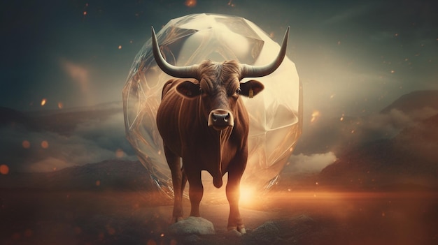 A bull and a glass ball in the background