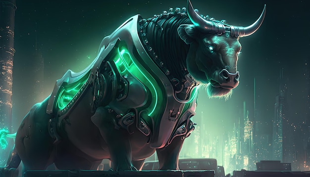 A bull in a green space suit stands on a rooftop.