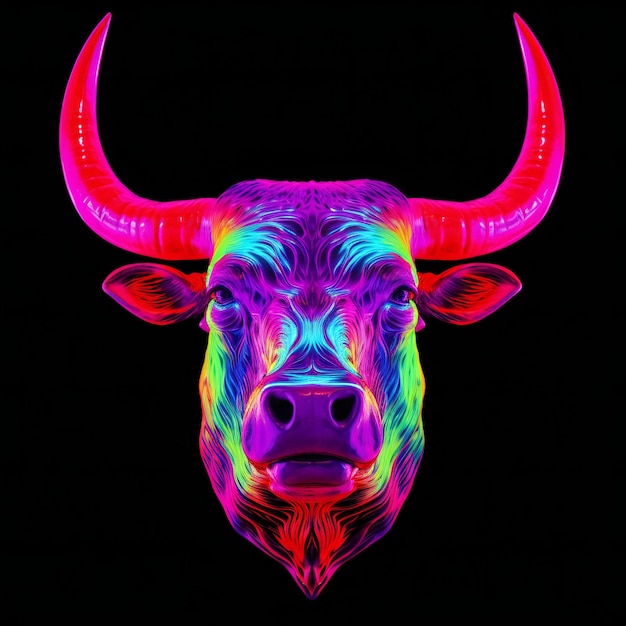 Bull head with colorful neon lights on a black background