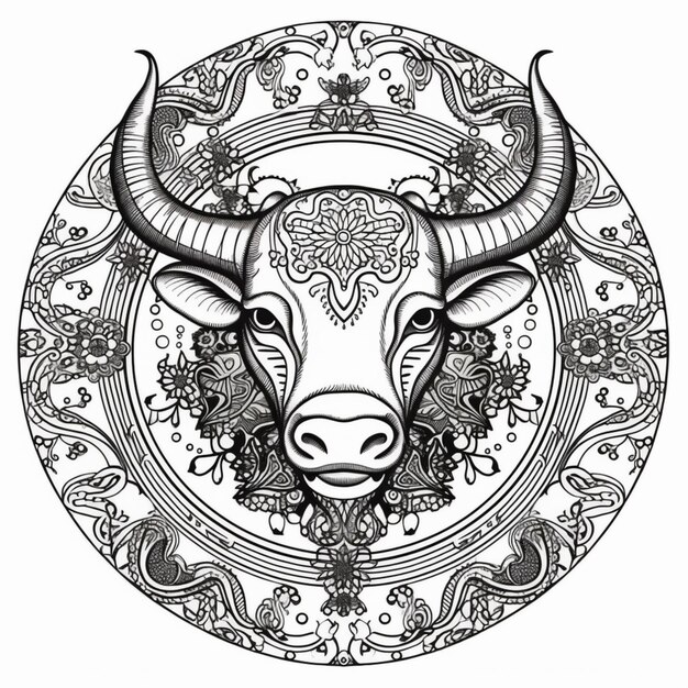 A bull head with ornate ornaments on a circular background generative ai