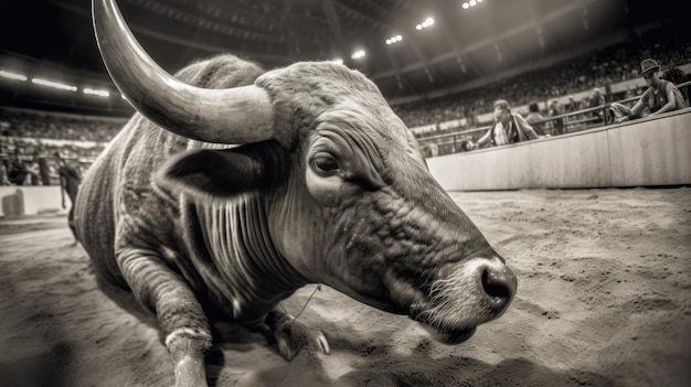 A bull is laying in the arena.