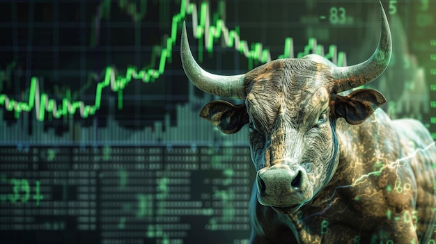 A bull is portrayed standing confidently in front of a detailed stock chart symbolizing a bullish market trend on the stock exchange