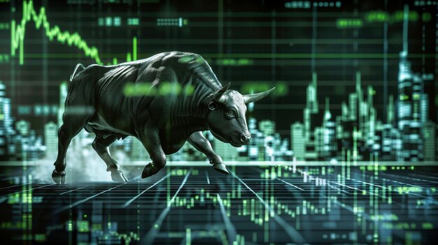 Photo a bull is positioned in front of a wall covered with various numbers symbolizing stock market data and trading activity