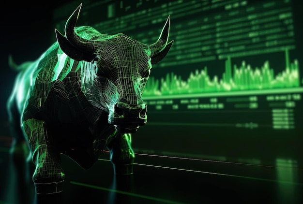 Photo a bull is reflected in a screen of financial data in green
