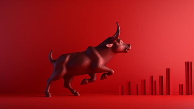 A bull is running in front of a red background