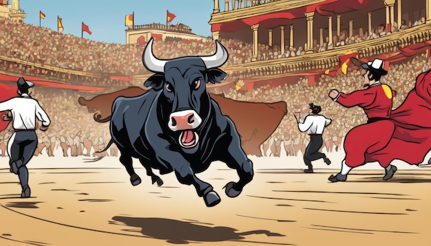 Photo a bull is running in a stadium with people chasing it