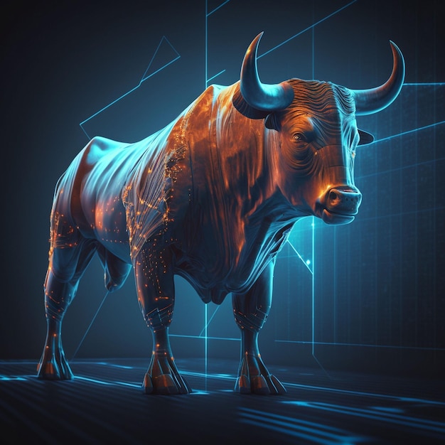 A bull is standing in front of a dark background.