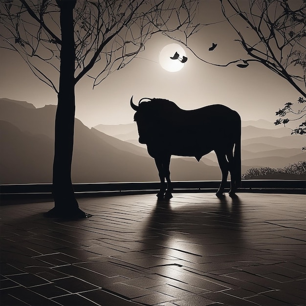 a bull is standing in front of a tree with the sun behind it.