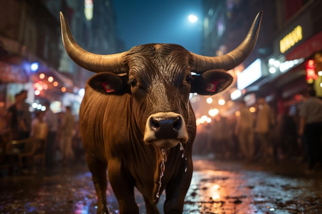 a bull is walking down a street at night