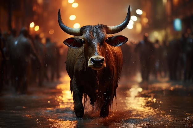 a bull is walking through a city at night