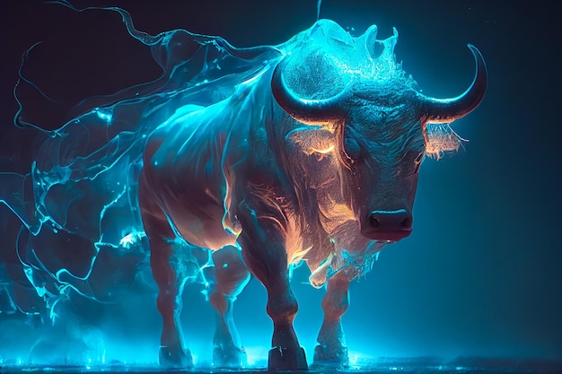 Bull made of ice with blue lights and cold breath. ai generated