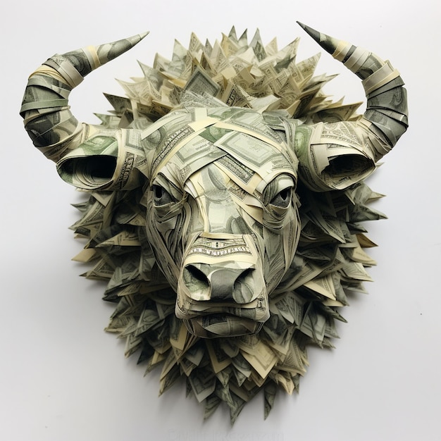 a bull made of money is shown with a bull head on it.