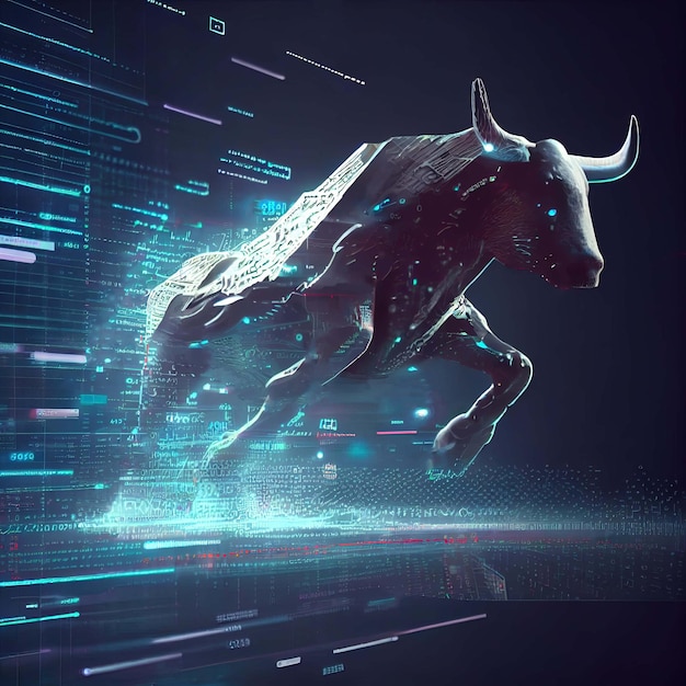 Bull market 3d, Financial and busineBull Market Illustration in neon colorss concept