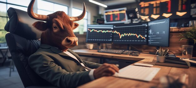 Bull market anamorphic bull in green suit with stock share graphics on big monitor in old house