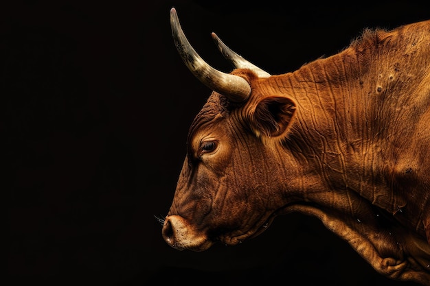 bull in profile with horns and a black background