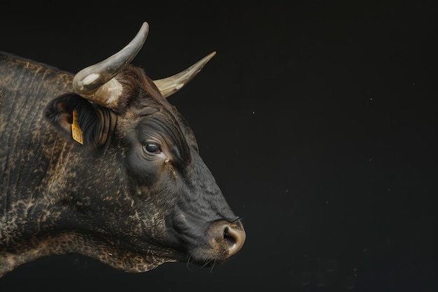 bull in profile with horns and a black background